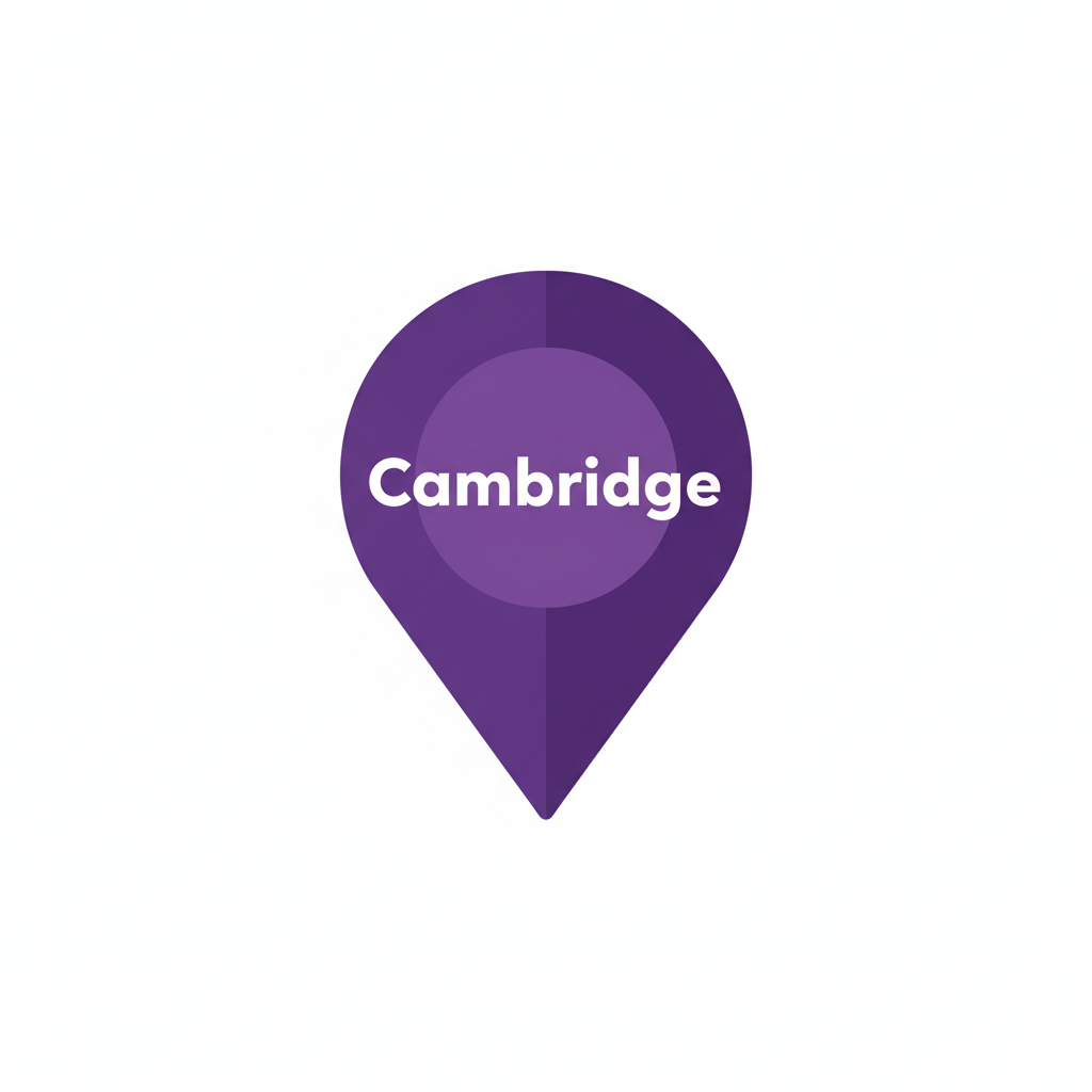 purple location pin with cambridge